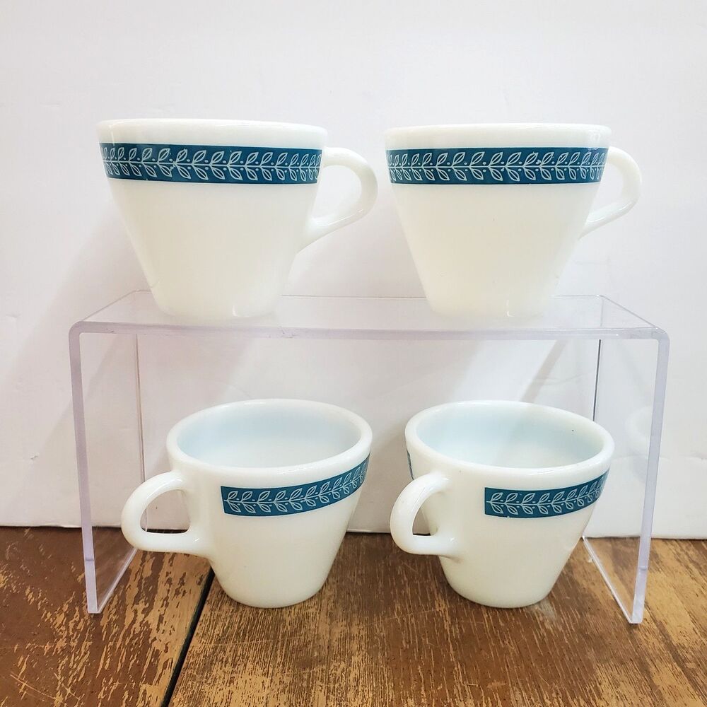 Vtg Pyrex Bluegrass Laurel Leaf Turquoise Milk Glass Coffee Mugs Set of 4